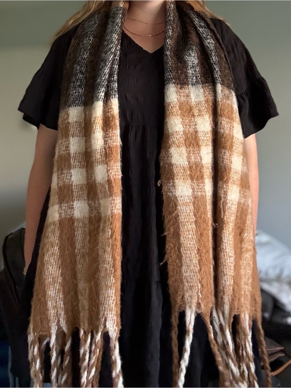 Oversized Brown, Tan, Orange and White plaid blanket scarf, alpaca fur